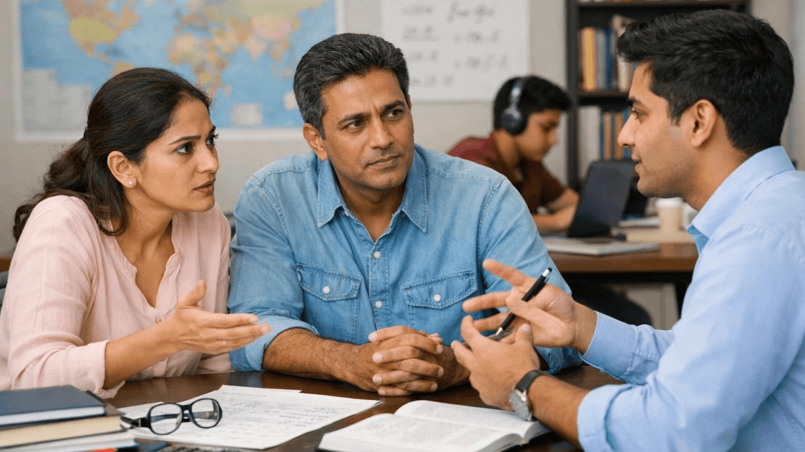 Parents and student consulting with an Aeon Education counsellor about NEET college options